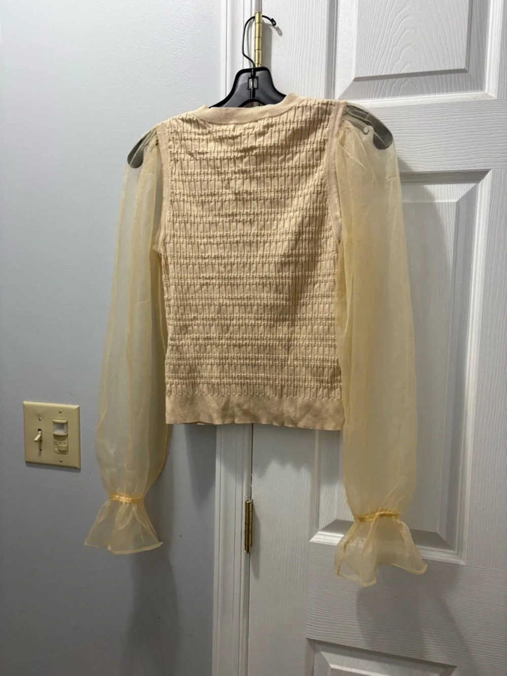 Maeve Anthropologie Sheer Sleeve V-Neck Knit Top In Cream Size Small